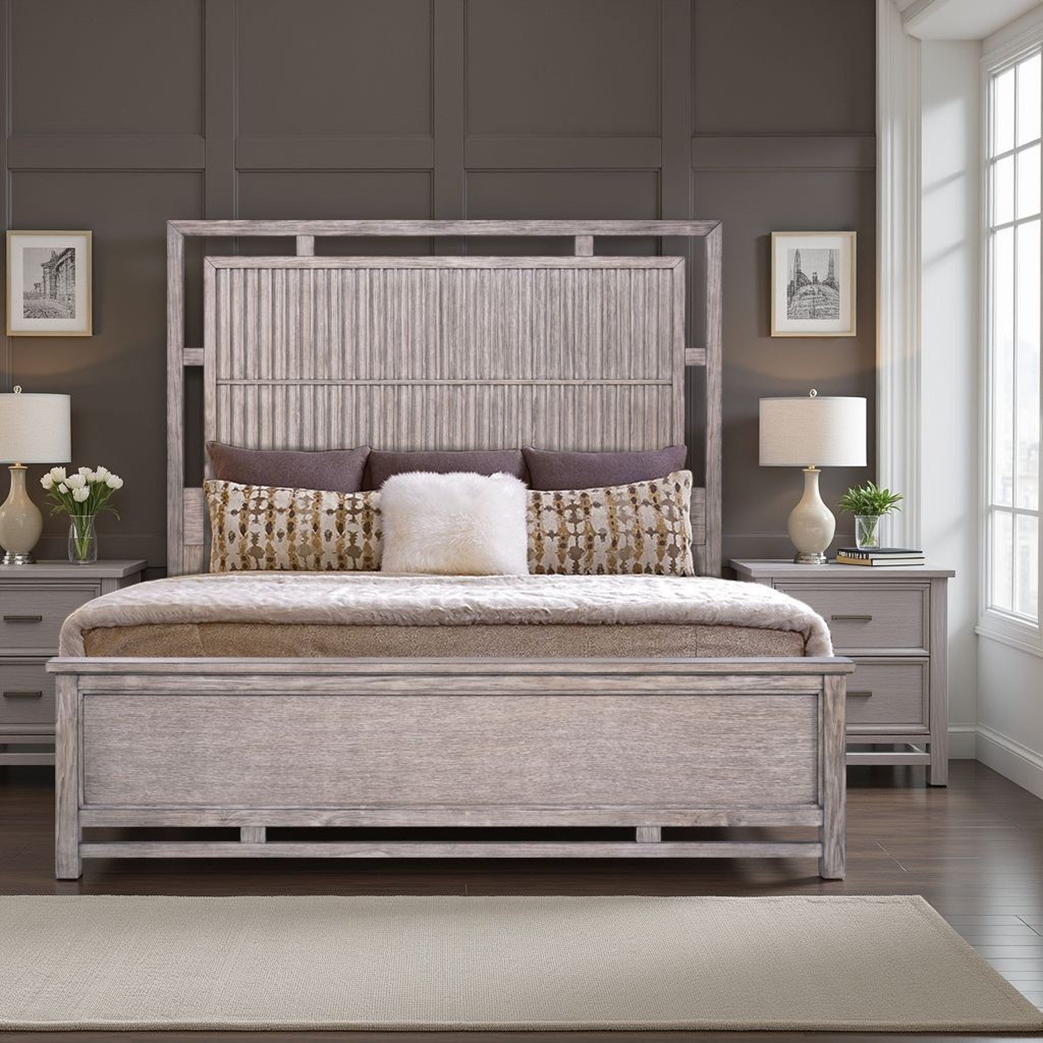 Fusion King Size Bed with Dawn Finish in modern bedroom, featuring oak panel headboard and USB ports. Minimal assembly required, ideal for stylish interiors.