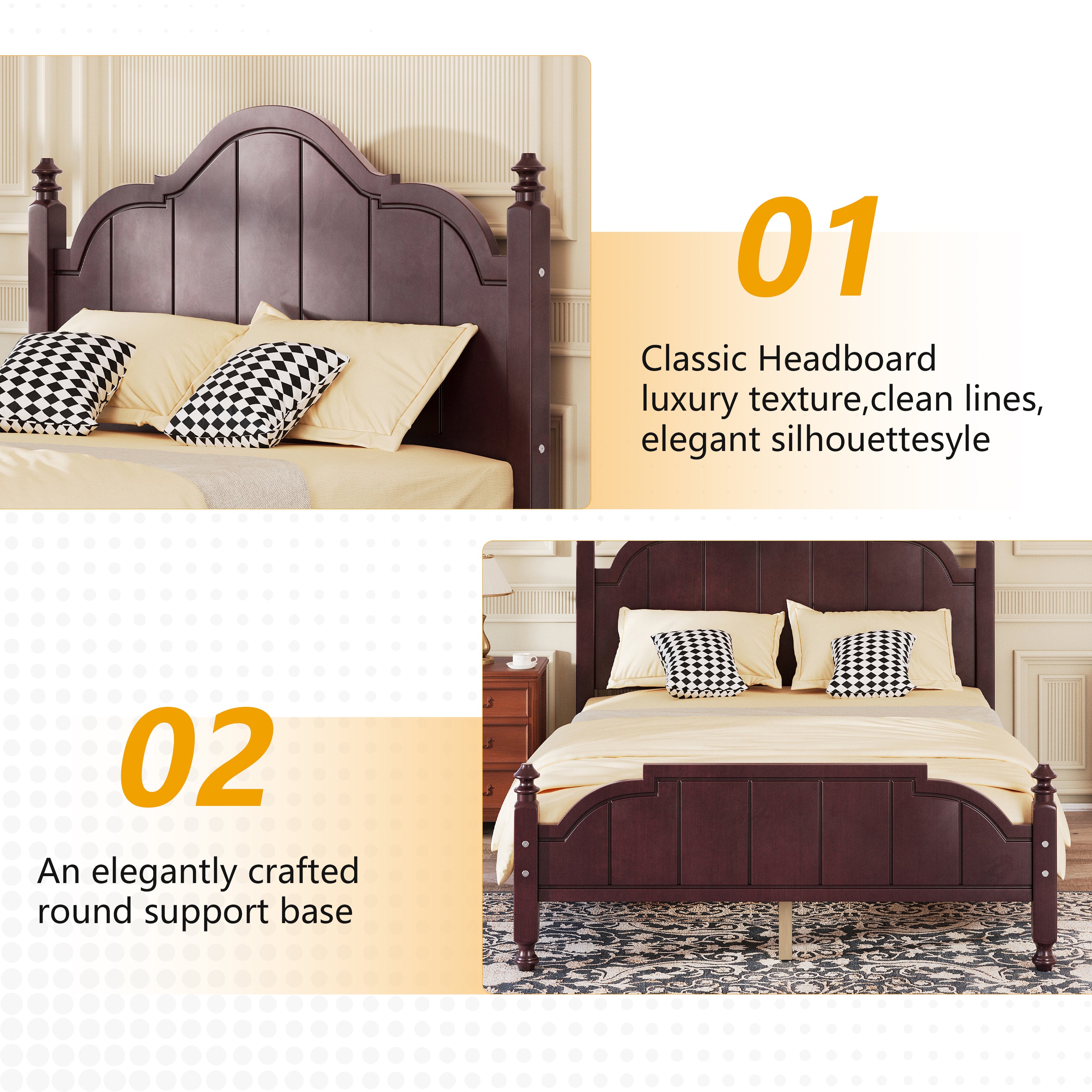 Infographic highlighting features of Full Size Wooden Bed Frame with Headboard - Easy Setup, including classic silhouette and round support base.