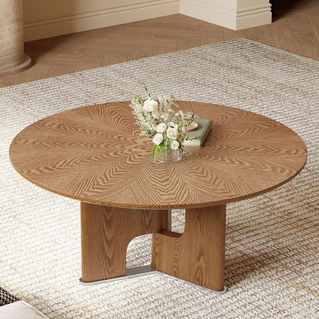 Round Rustic Ash Wood Coffee Table for Small Living Rooms.
