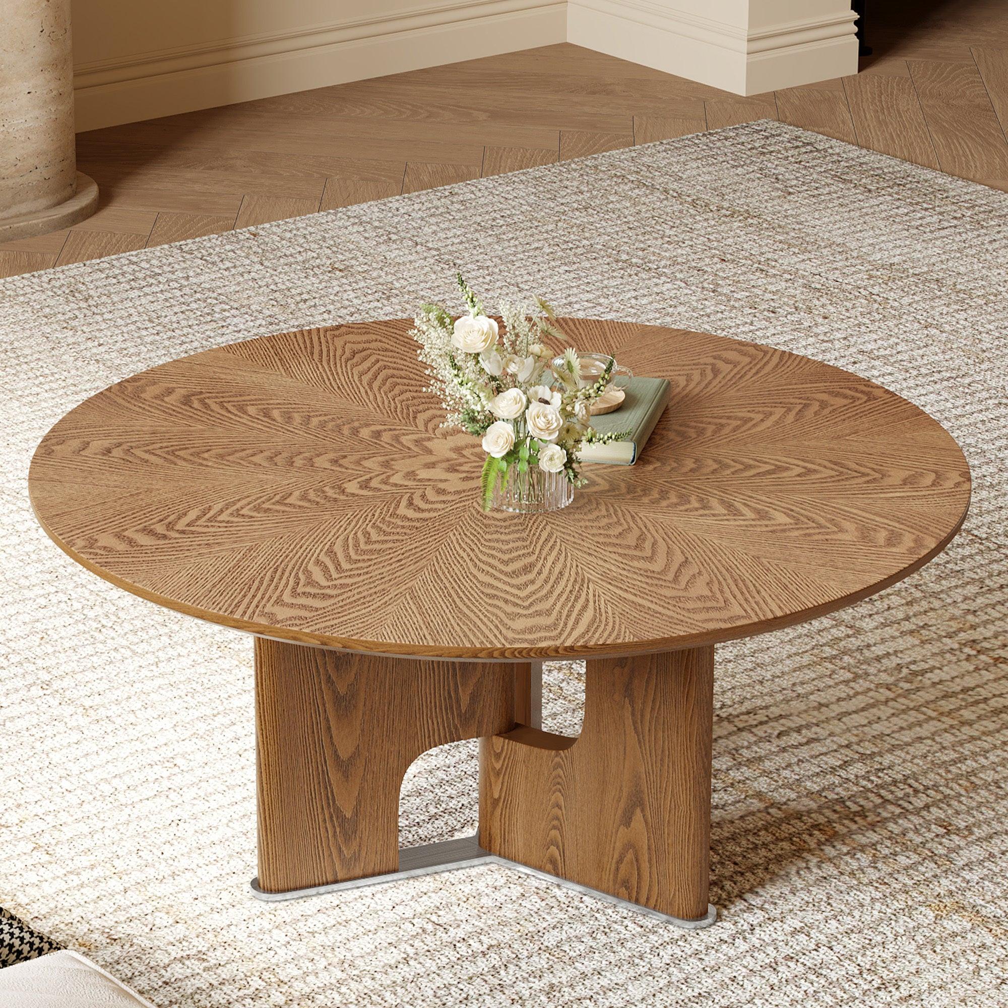 Round Rustic Ash Wood Coffee Table for Small Living Rooms.
