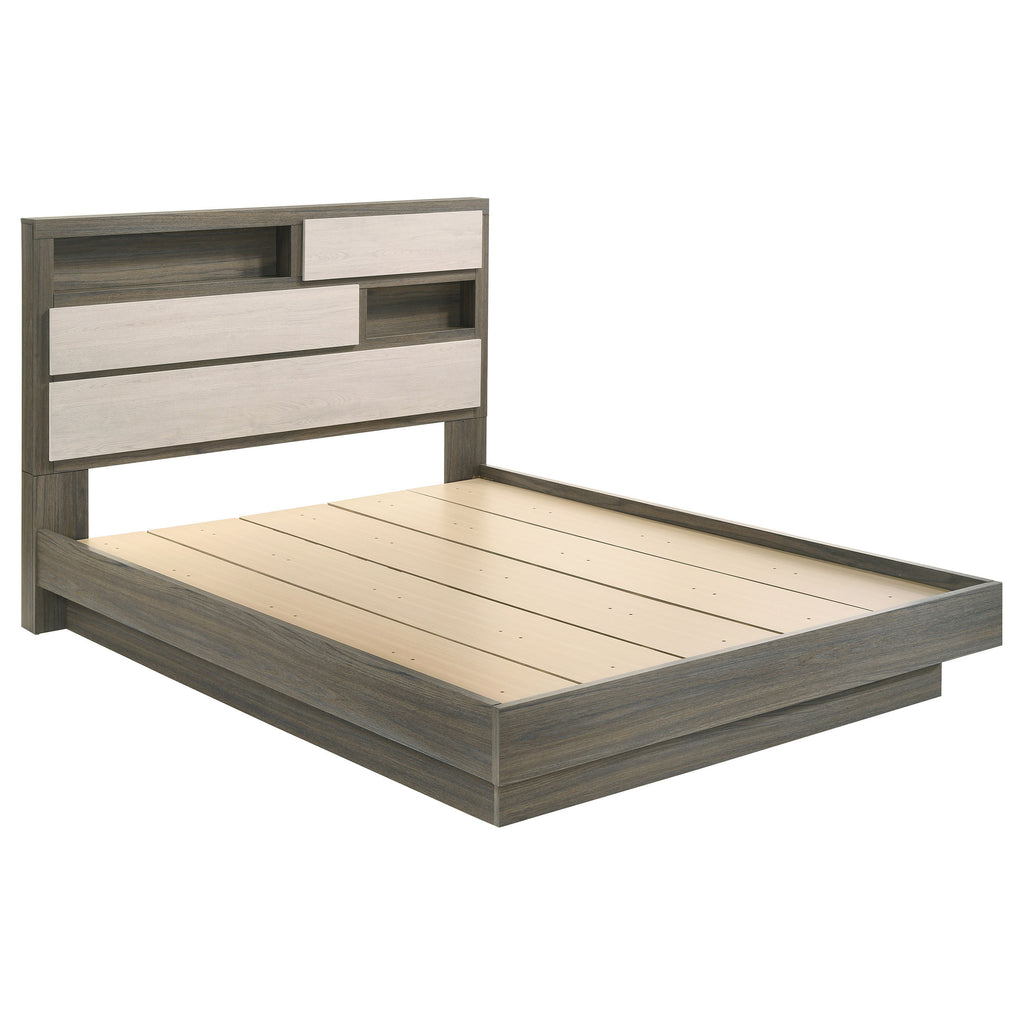 Modern queen bed frame in grey oak and almond wood with a built-in storage headboard and clean, minimalist design.