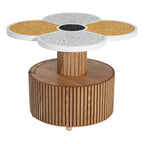 Accent table with four-leaf clover terrazzo surface and natural wood base, perfect for small living areas or bedrooms.