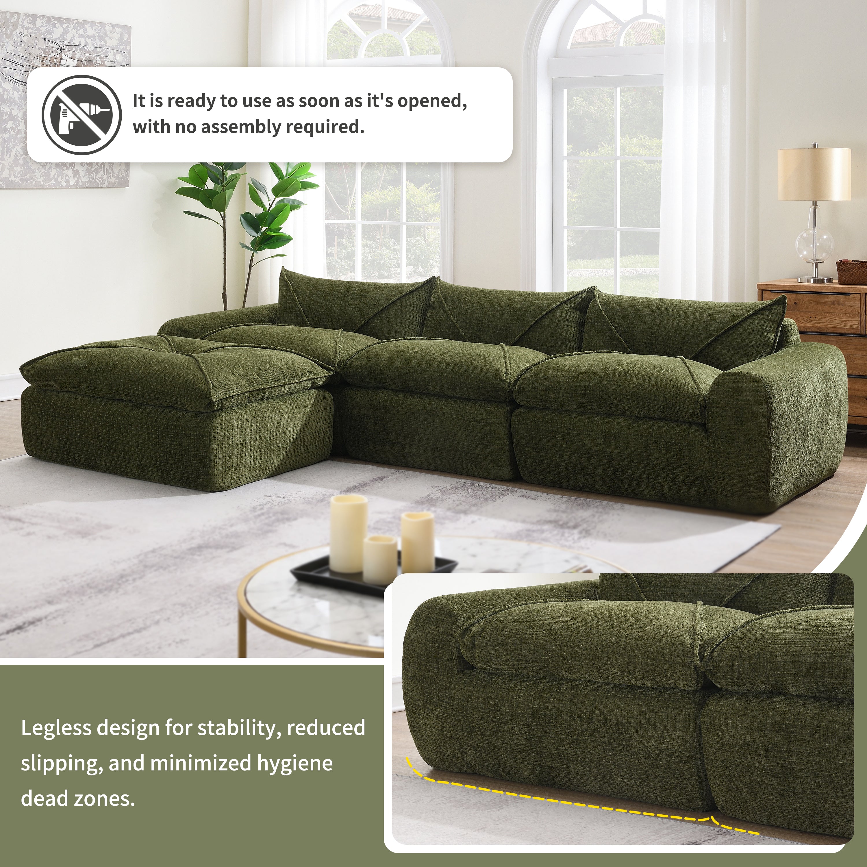 116'' compressed sofa with high density foam shown with no assembly needed and legless design for stability and hygiene.