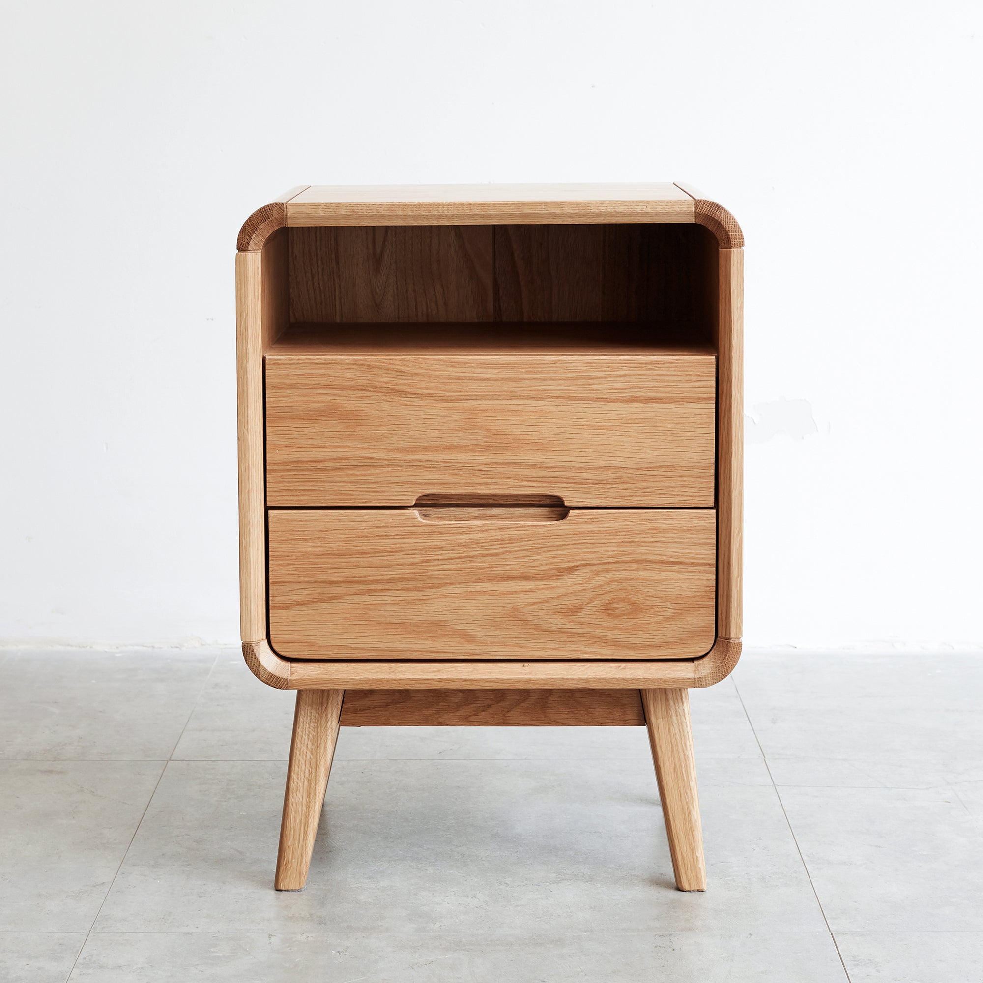 Solid Wood Bedside Cabinet - Organized Storage with two drawers and open shelf in oak finish, ideal for compact bedrooms.