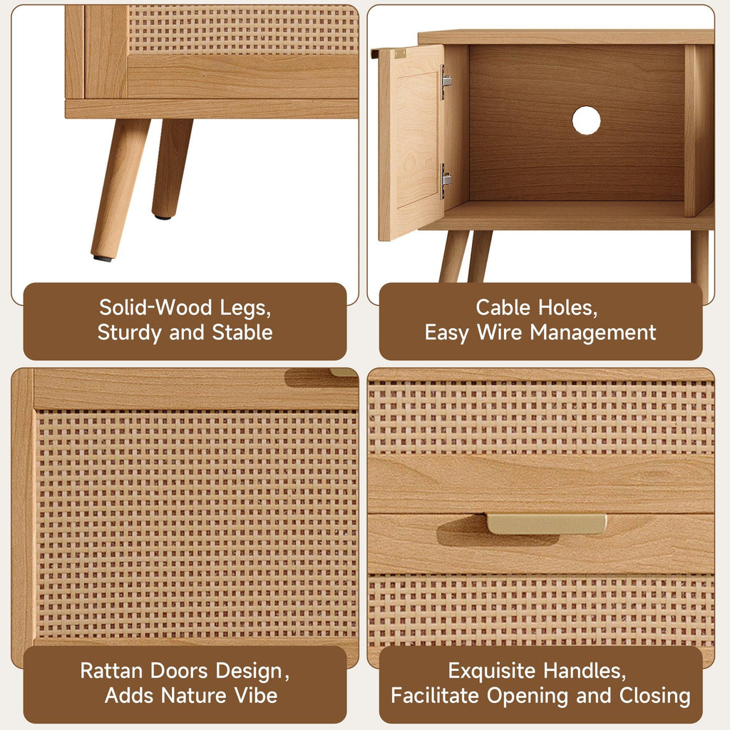 Modern TV Stand with Rattan Doors for 80in TVs.