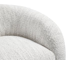 Detail of the curved backrest on the White Swivel Chair Contemporary, highlighting plush padding and textured boucle fabric for added comfort.