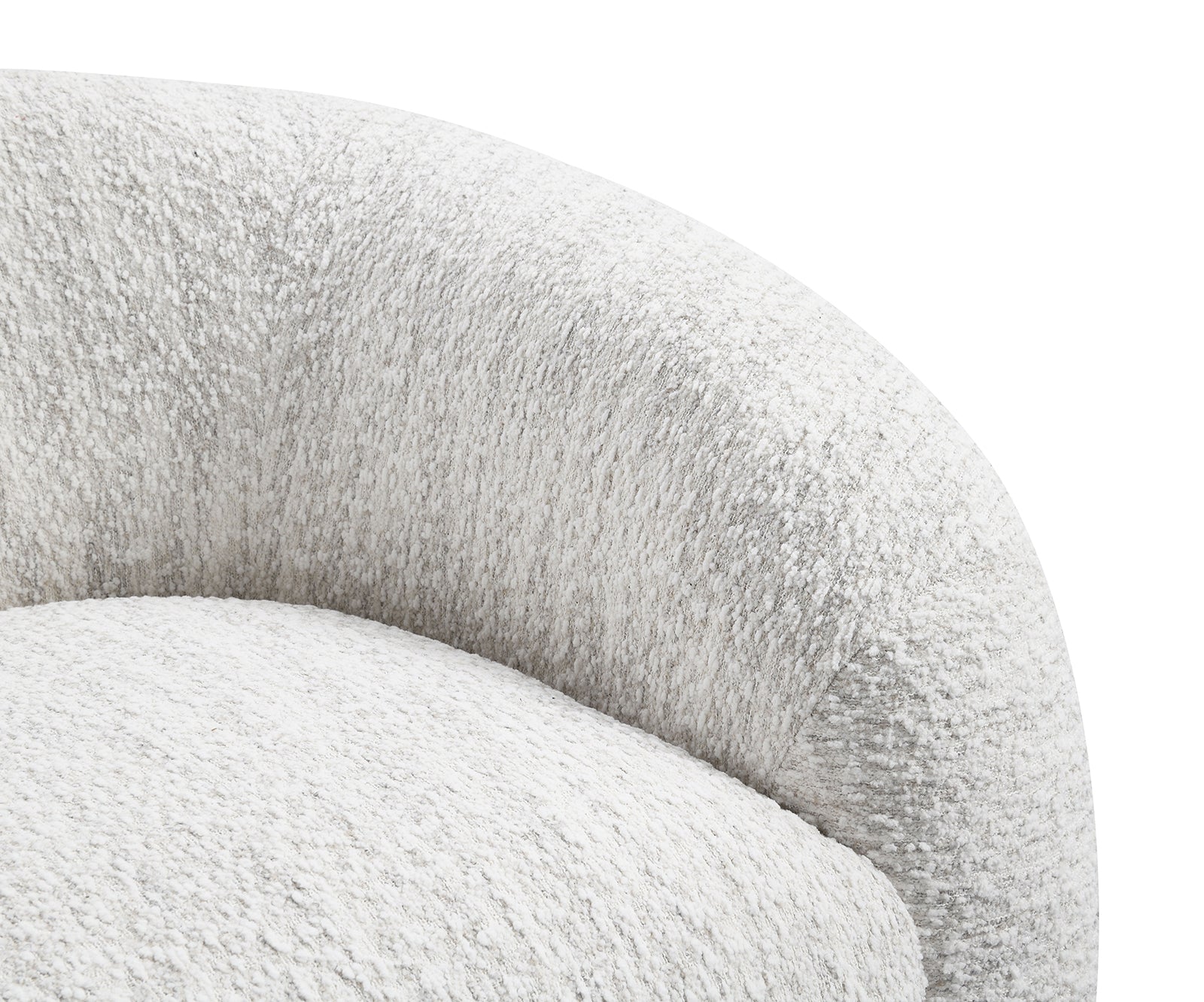 Detail of the curved backrest on the White Swivel Chair Contemporary, highlighting plush padding and textured boucle fabric for added comfort.