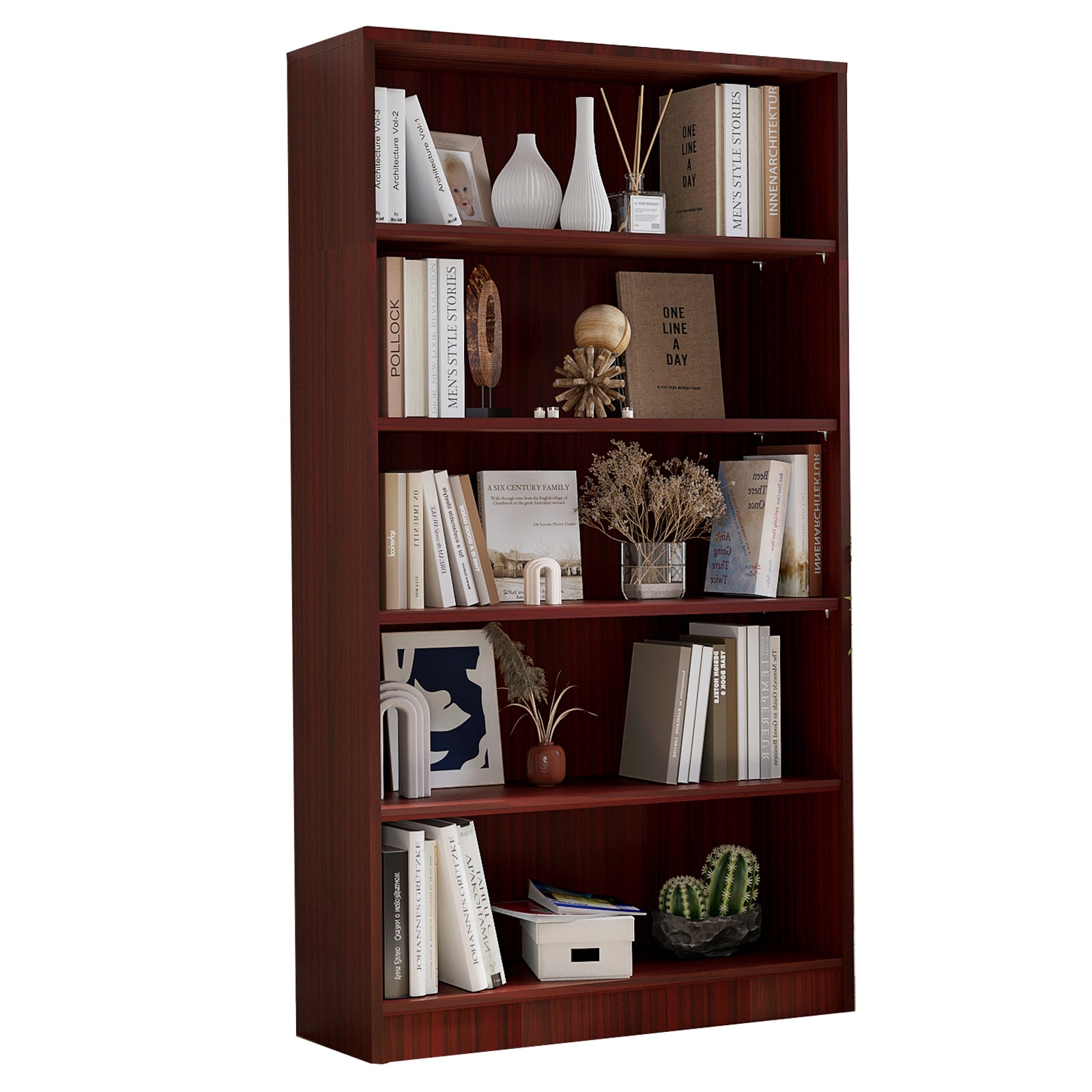 60-Inch Mahogany MDF 5-Tier Modern Bookshelf with Adjustable Shelves
