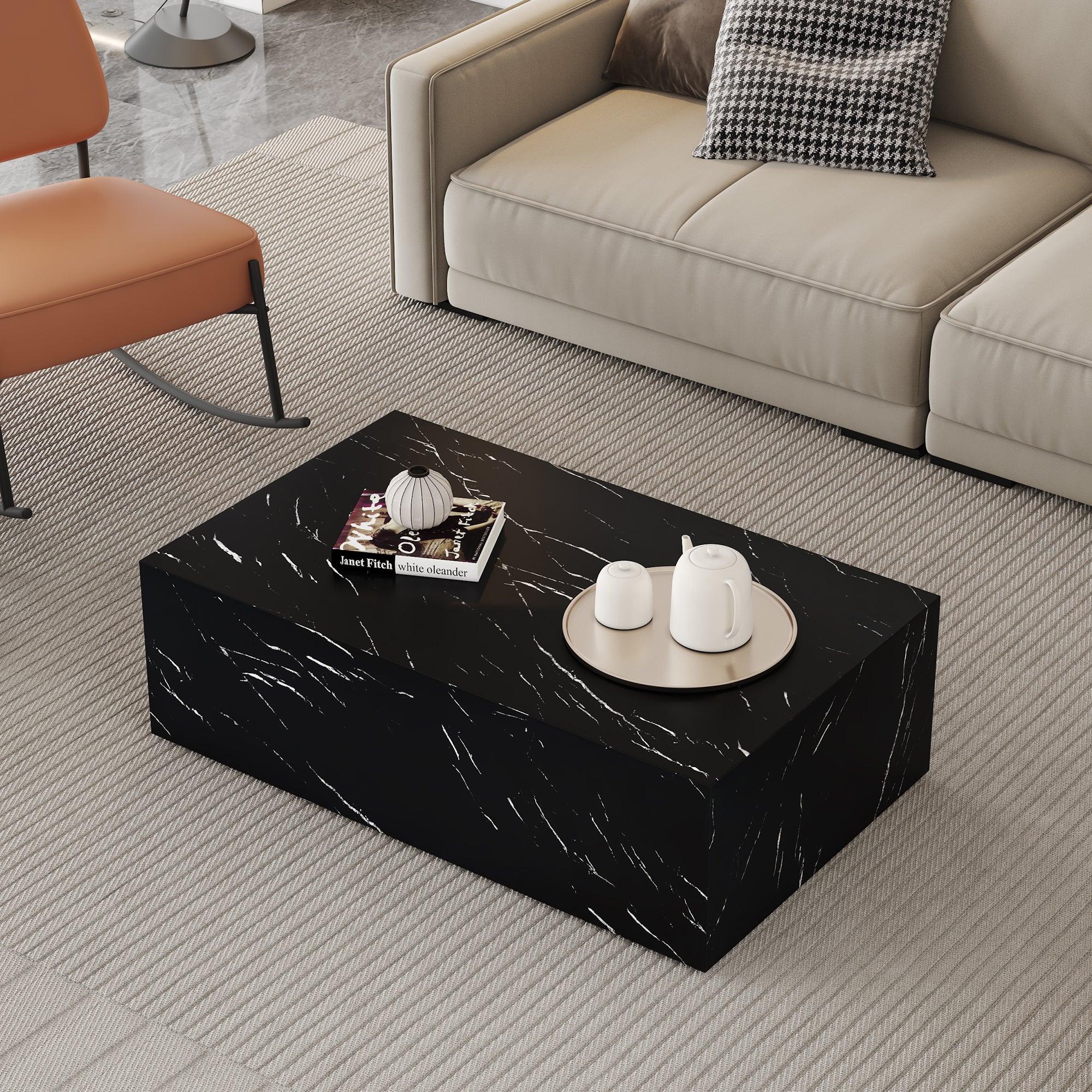 39-Inch Black Marble Texture MDF Coffee Table with Modern Base