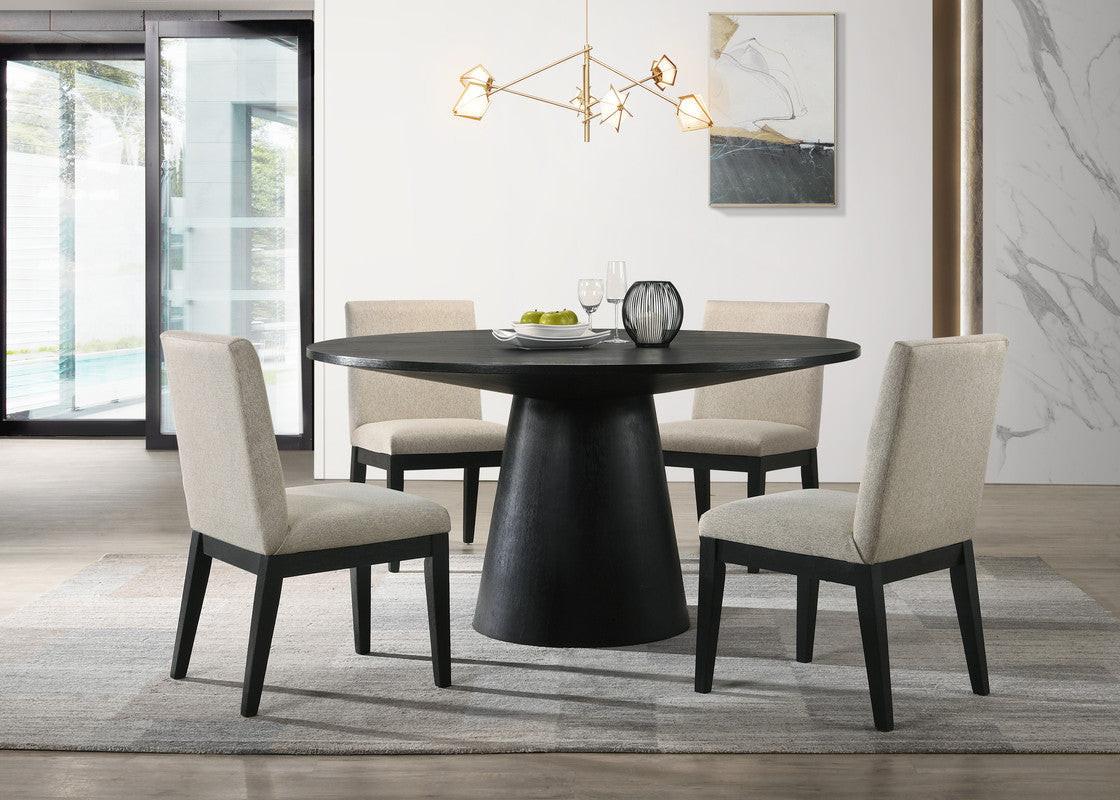 Jacopo Ebony Black Round Dining Table Set with Beige Chairs.