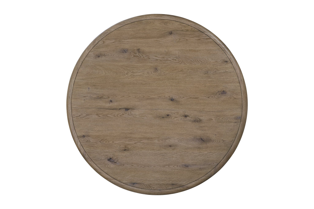 Top view of Oak Round Dining Table - English Knotty Oak, highlighting 60-inch round surface with visible knots and wood grain texture.