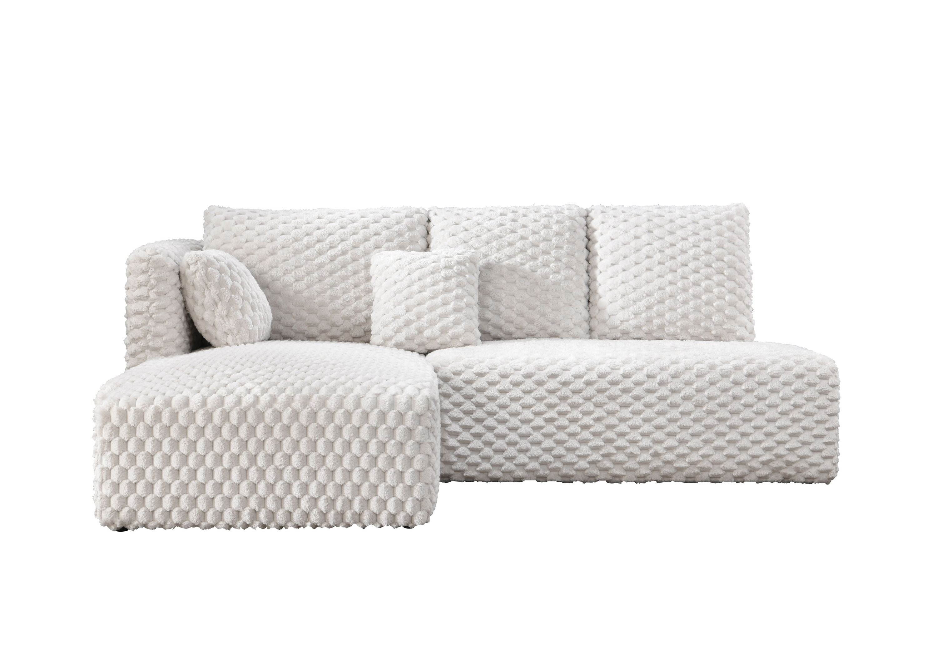 Front view of Ivory Corduroy Sectional Sofa with two matching pillows, perfect for compact living rooms in Malaysia.