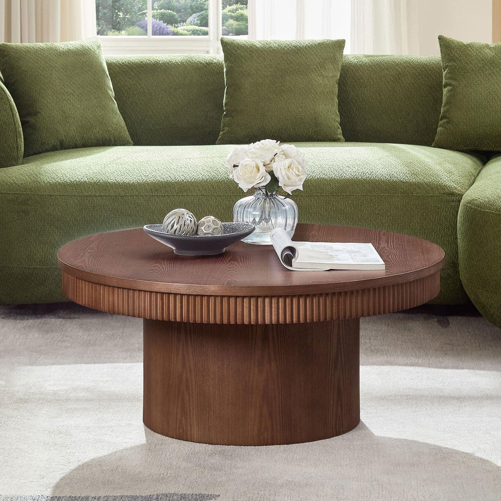 Walnut Round Coffee Table - 35.43 inch MDF with Wood Veneer.