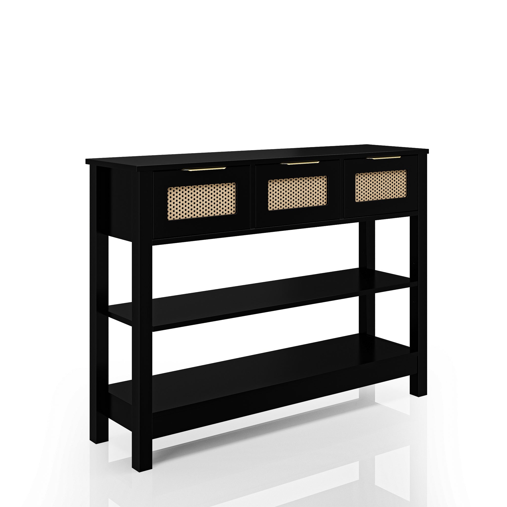 Angled view of 43.3' farmhouse console table with drawers and shelves, showcasing black MDF frame and natural rattan drawer fronts.