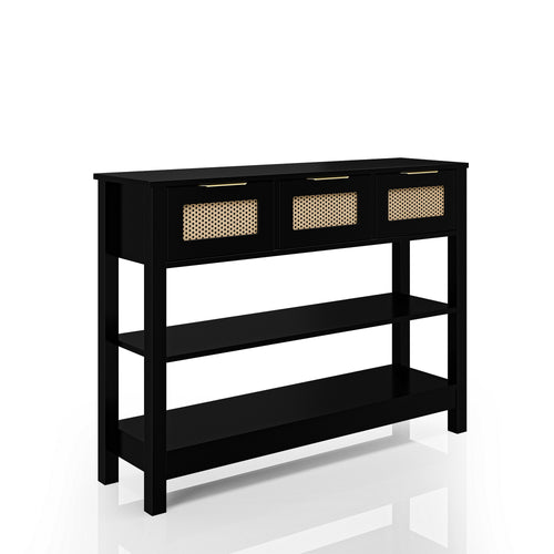 Angled view of 43.3' farmhouse console table with drawers and shelves, showcasing black MDF frame and natural rattan drawer fronts.