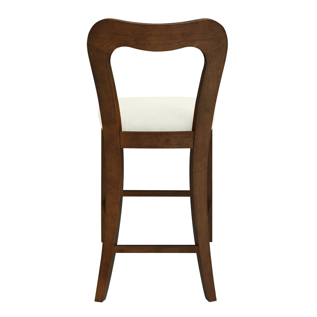 Rear view of Walnut+Beige Counter Stool highlighting ergonomic backrest and sturdy wooden legs. Ideal for home bar seating.