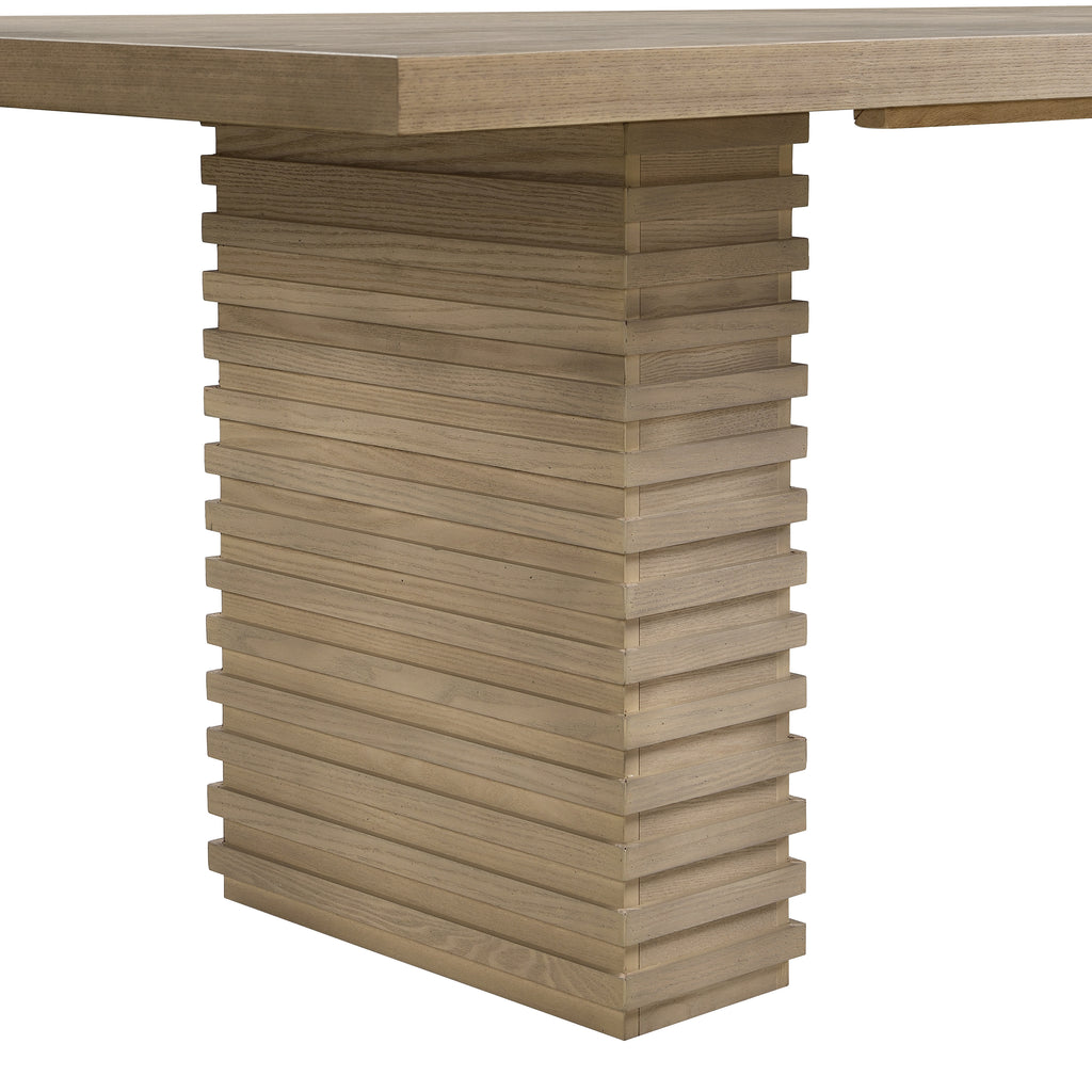 Detailed view of the ribbed pedestal base on the 95 inch light ash dining table, showcasing its modern craftsmanship.
