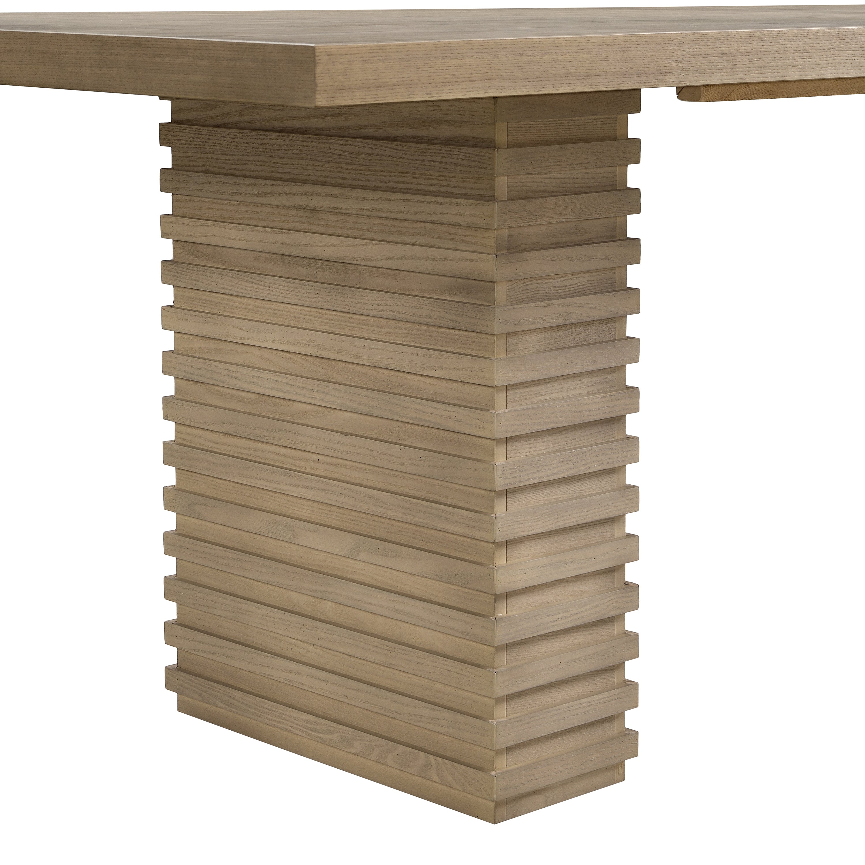 Detailed view of the ribbed pedestal base on the 95 inch light ash dining table, showcasing its modern craftsmanship.
