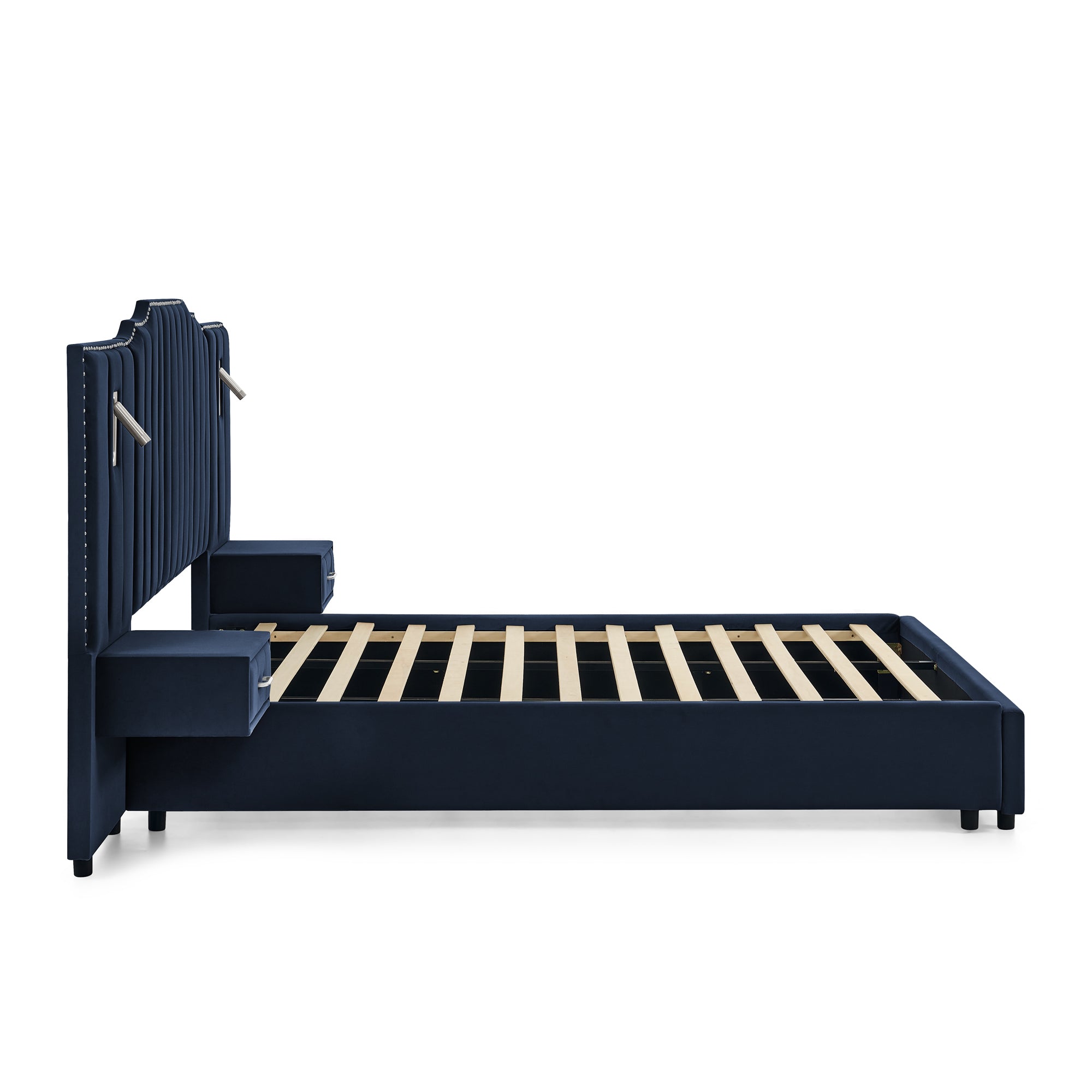 Side profile of queen upholstered bed frame velvet with slatted base, navy headboard, and built-in nightstands with lights.