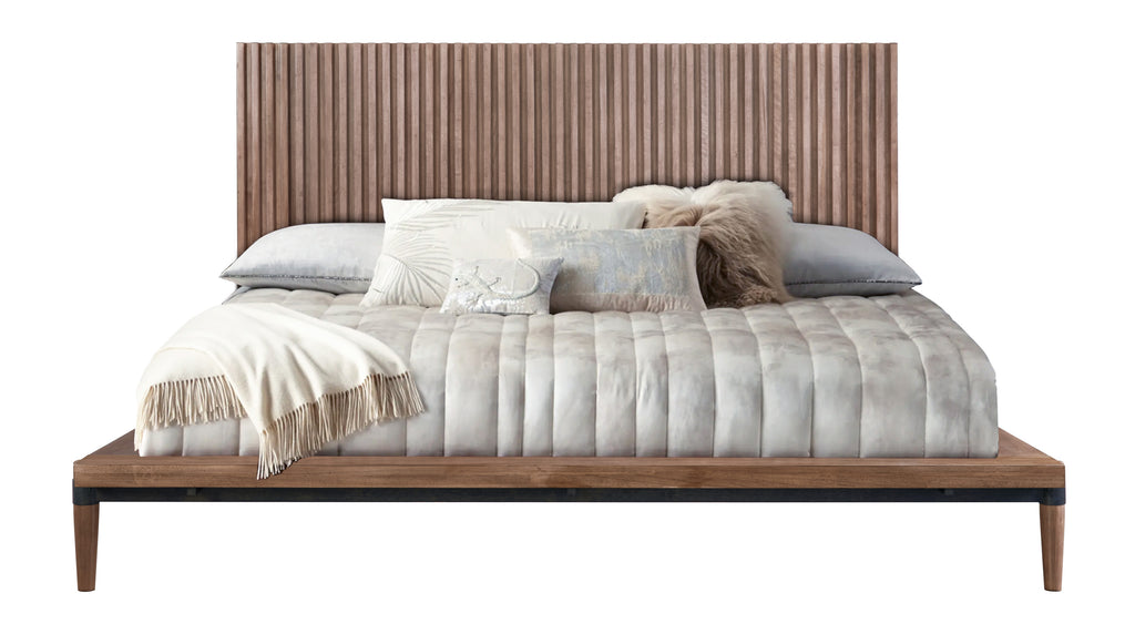 Front view of Queen Size Platform Bed - Walnut Finish featuring ribbed headboard and plush bedding, ideal for modern interiors.