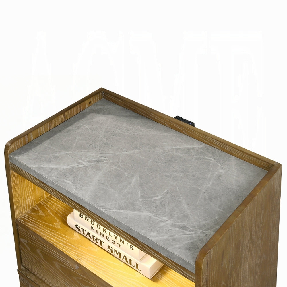 Brown Nightstand LED & USB - Transitional Style top view showing faux stone surface and built-in USB charging ports.