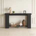 Minimalist black wooden console table with a lower shelf, staged against a wall with molding in a modern home interior.