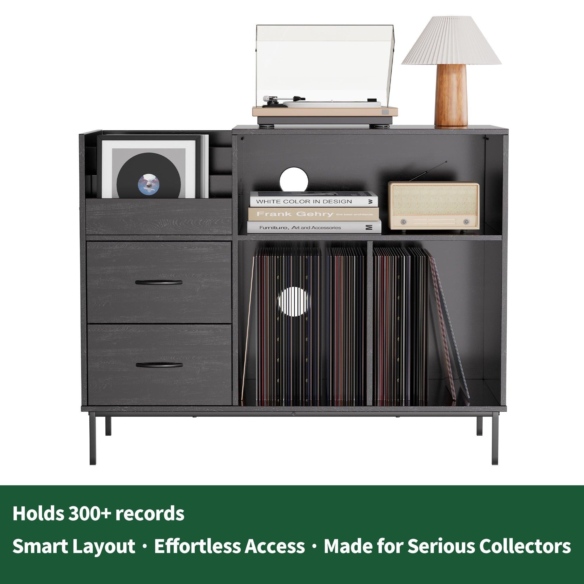 Eco-Friendly Record Player Stand - Black Vinyl Storage Cabinet.