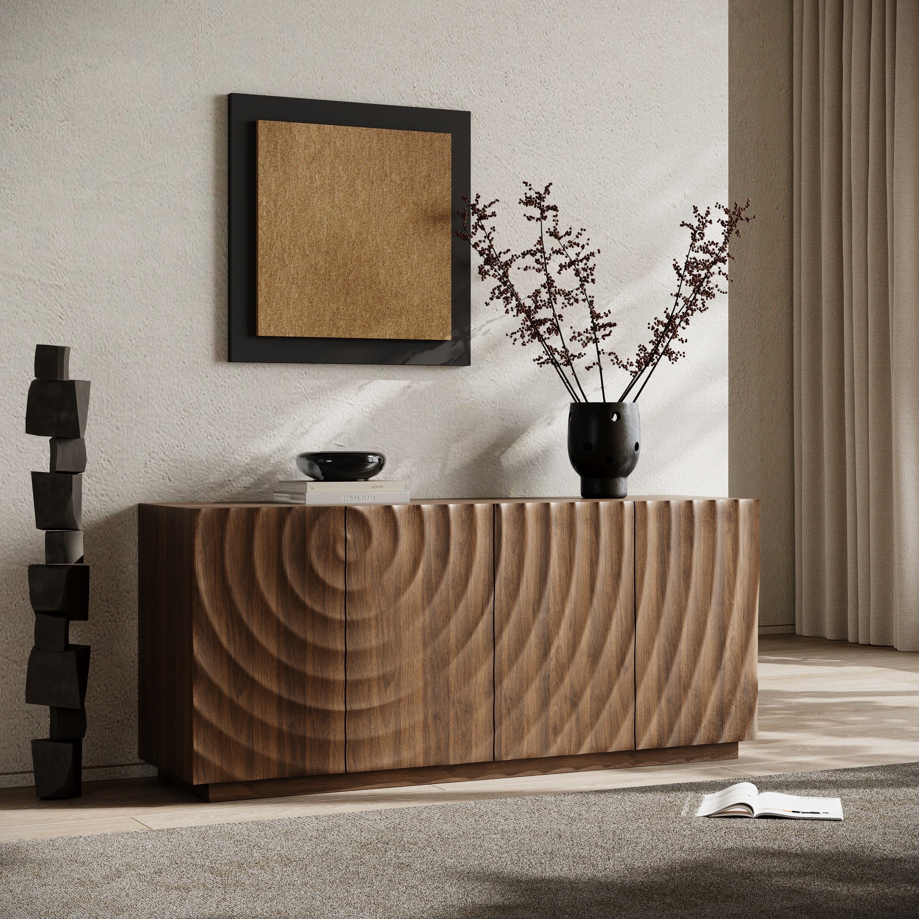 Modern 4-door walnut buffet sideboard featuring a distinctive concentric ripple pattern in a minimalist living room.