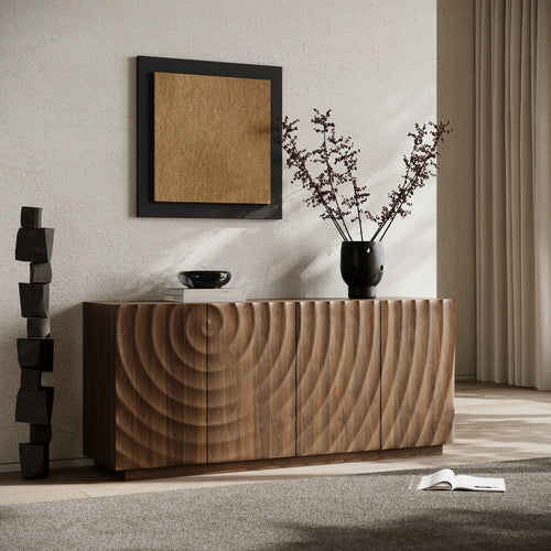 Modern 4-door walnut buffet sideboard featuring a distinctive concentric ripple pattern in a minimalist living room.