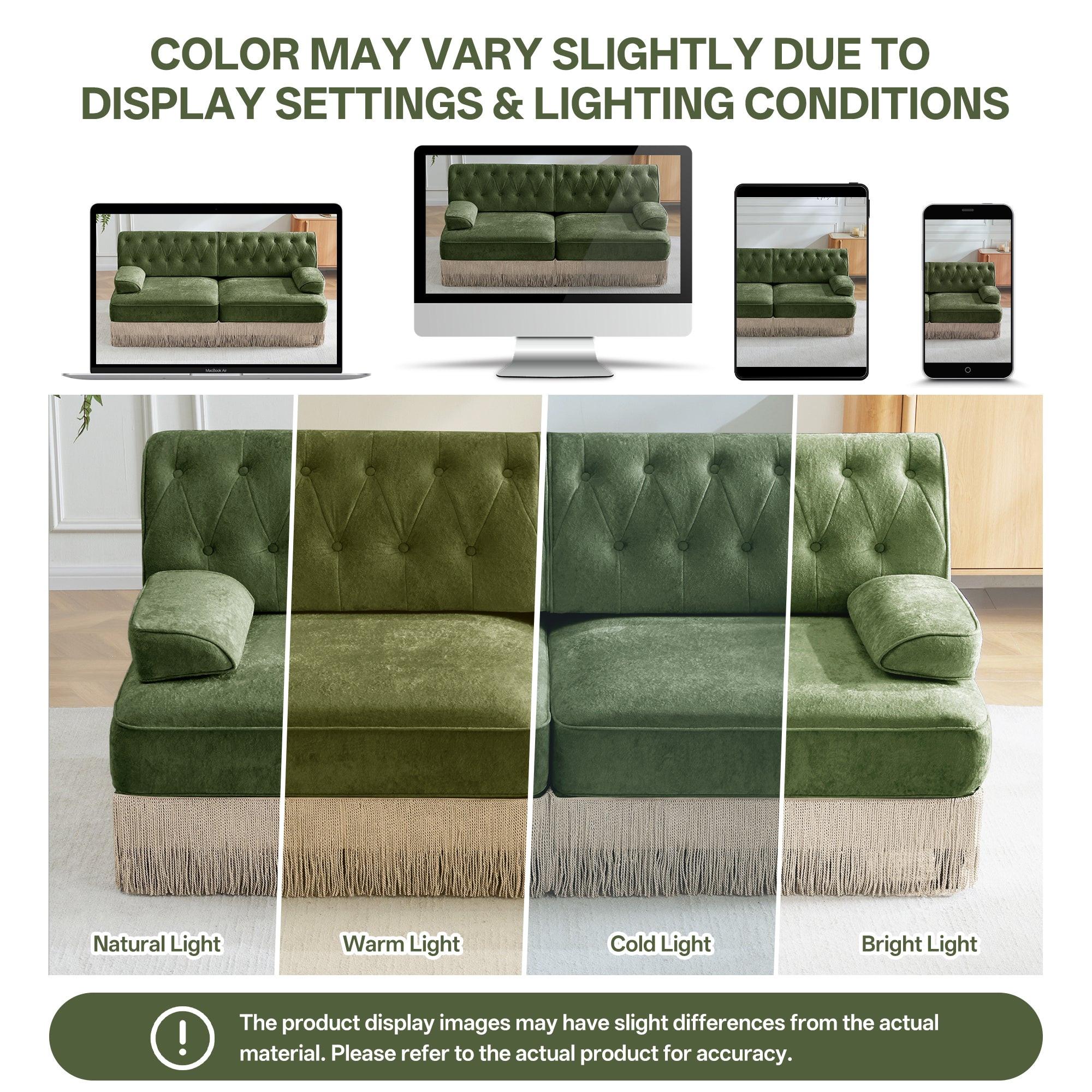 Modular Velvet Sofa in Green with Tassel Skirt.