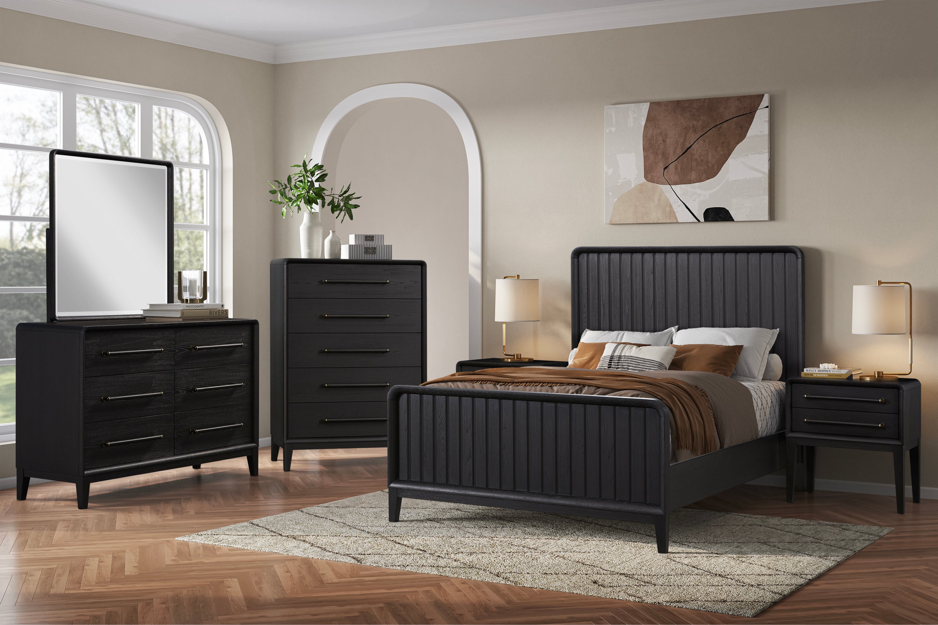 Peppercorn Twin Bed in a styled bedroom set with matching dresser, chest, and nightstand, emphasizing cohesive modern furniture design.