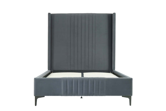 Gray velvet upholstered bed frame with vertical stitched headboard and wingback design, 48-inch mid-century modern platform style.