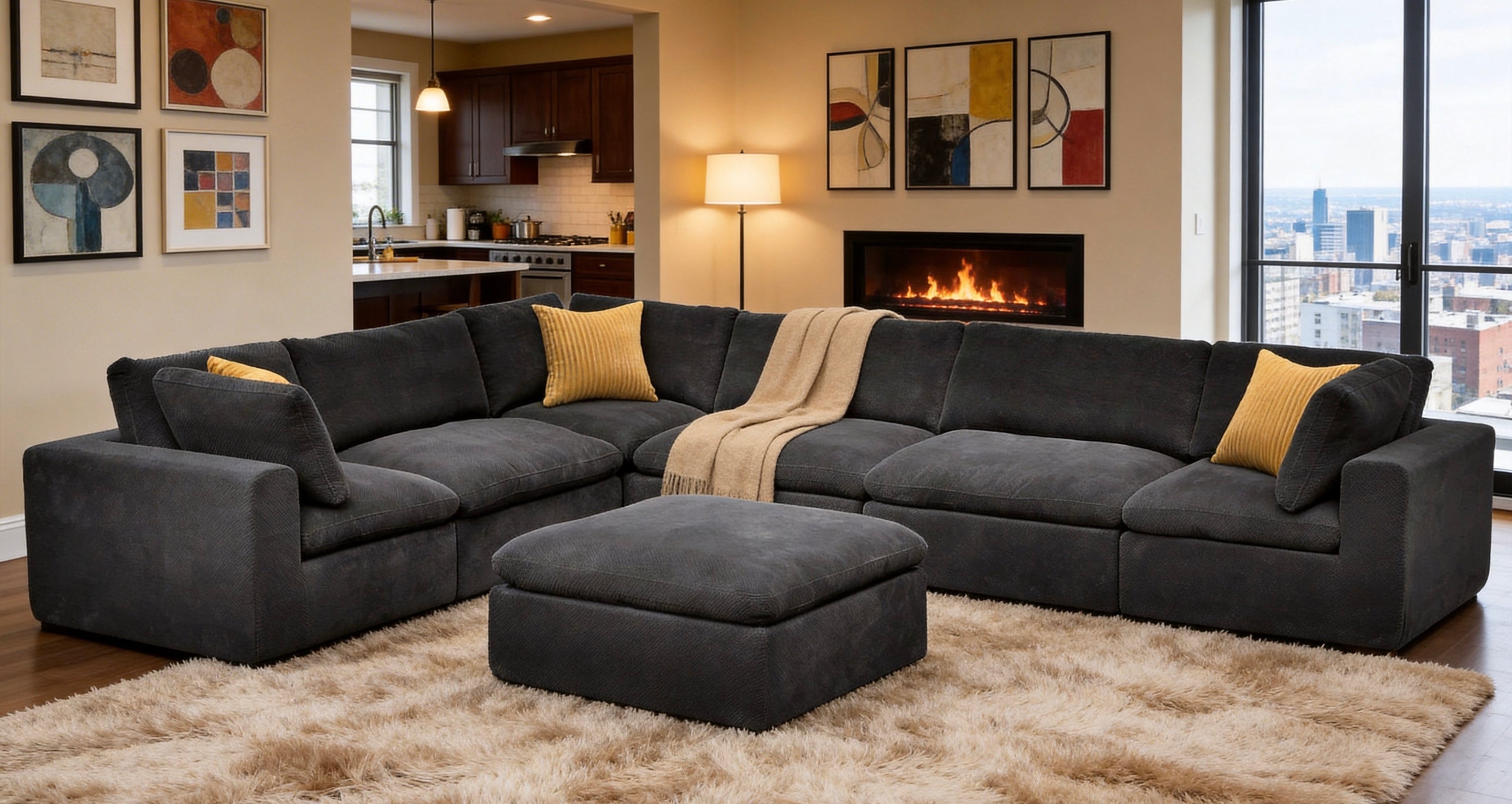 Dark charcoal gray modular sectional sofa with textured fabric, matching ottoman, and yellow accent toss pillows.