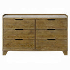 Front view of brown dresser in transitional style featuring 6 spacious drawers and a smooth rubberwood finish.