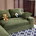 Green Corduroy Sofa with Cushions and Pillows.