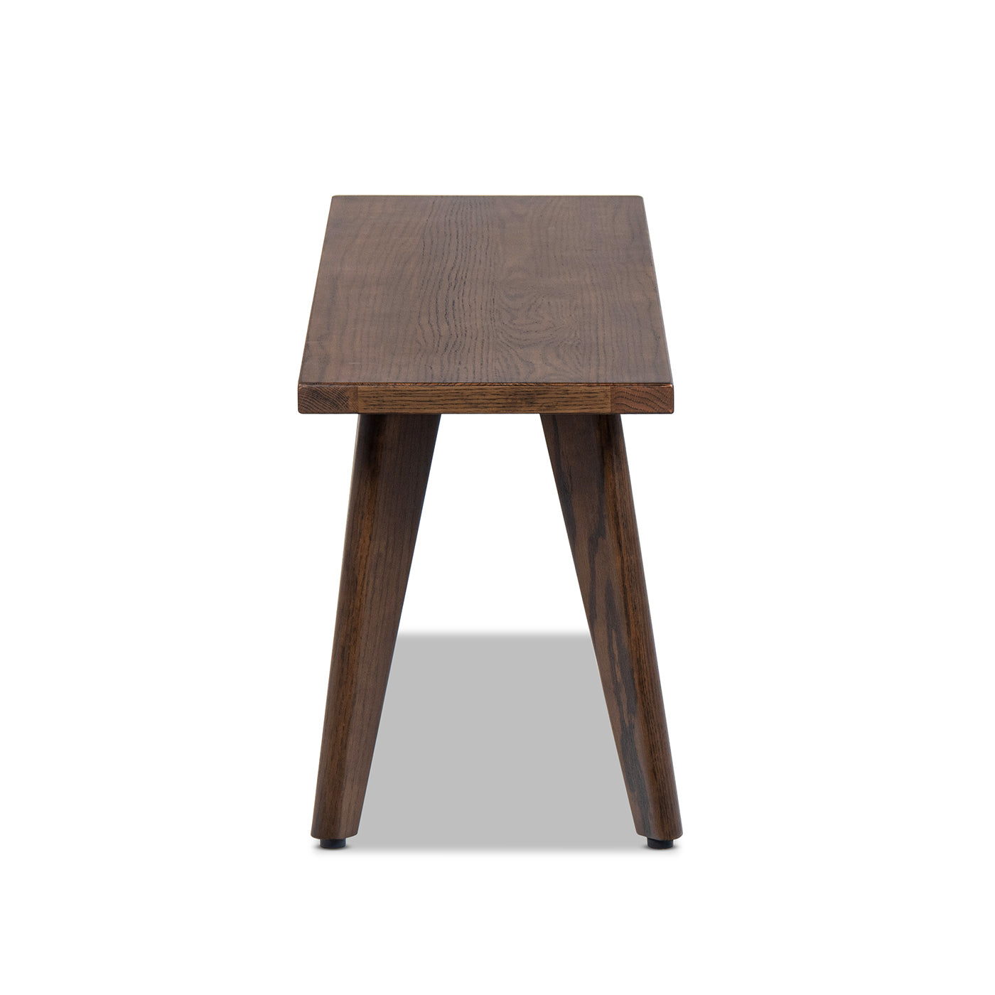 Side view of Capri 41.5' solid red oak wood bench in dark brown. Compact design fits entryways, bedrooms, or dining areas.