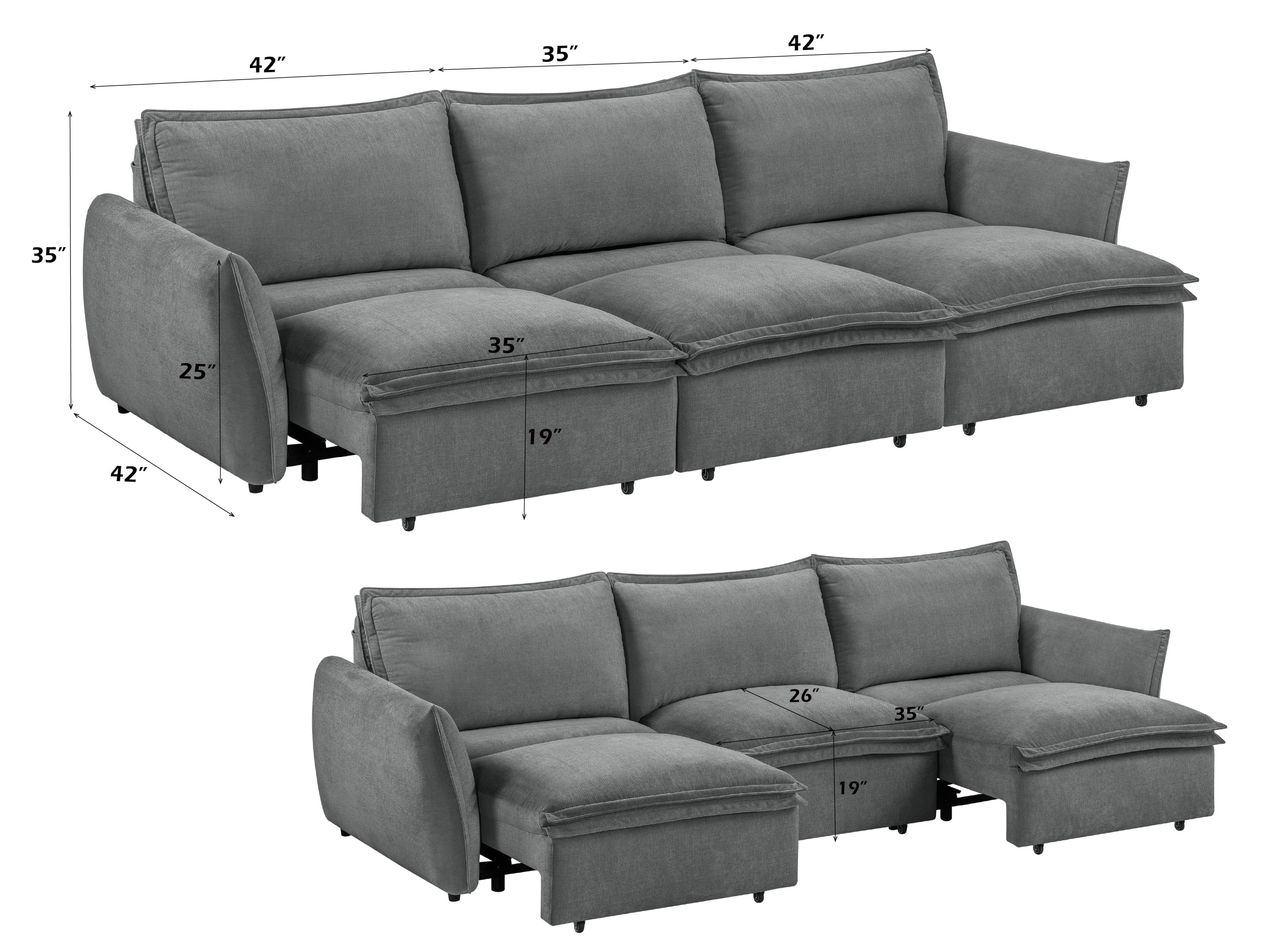 Gray Chenille Sleeper Sofa - Eaden Power Sofa with detailed dimensions and extended sleeper configuration for versatile use.