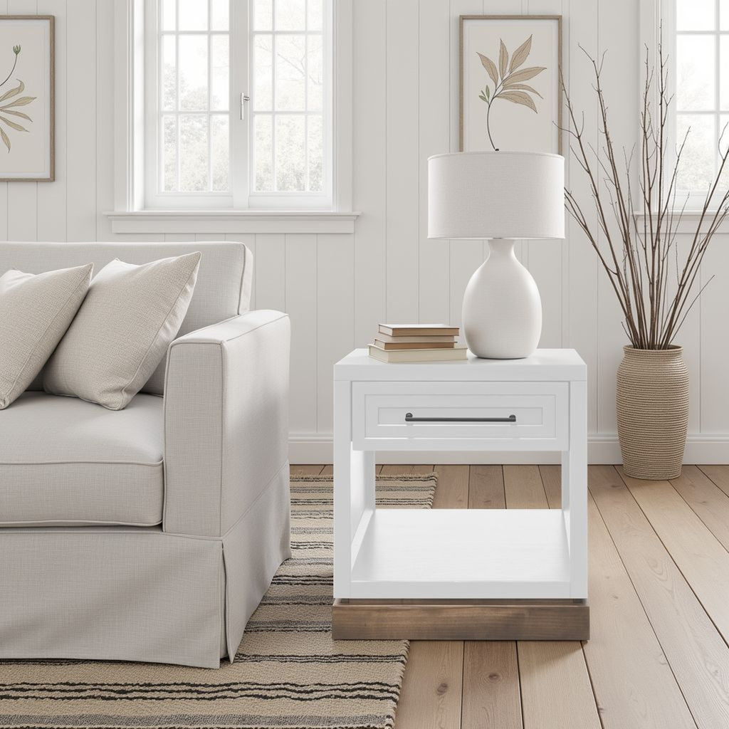Nora End Table 22 inch in Jasmine White, no assembly required, featured in a light-toned living room with rustic accents and soft furnishings.