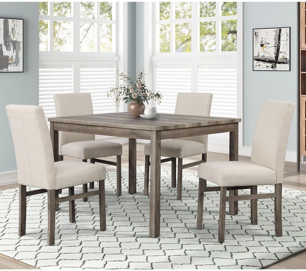 48-Inch Transitional Oak Dining Set with 4 Upholstered Side Chairs