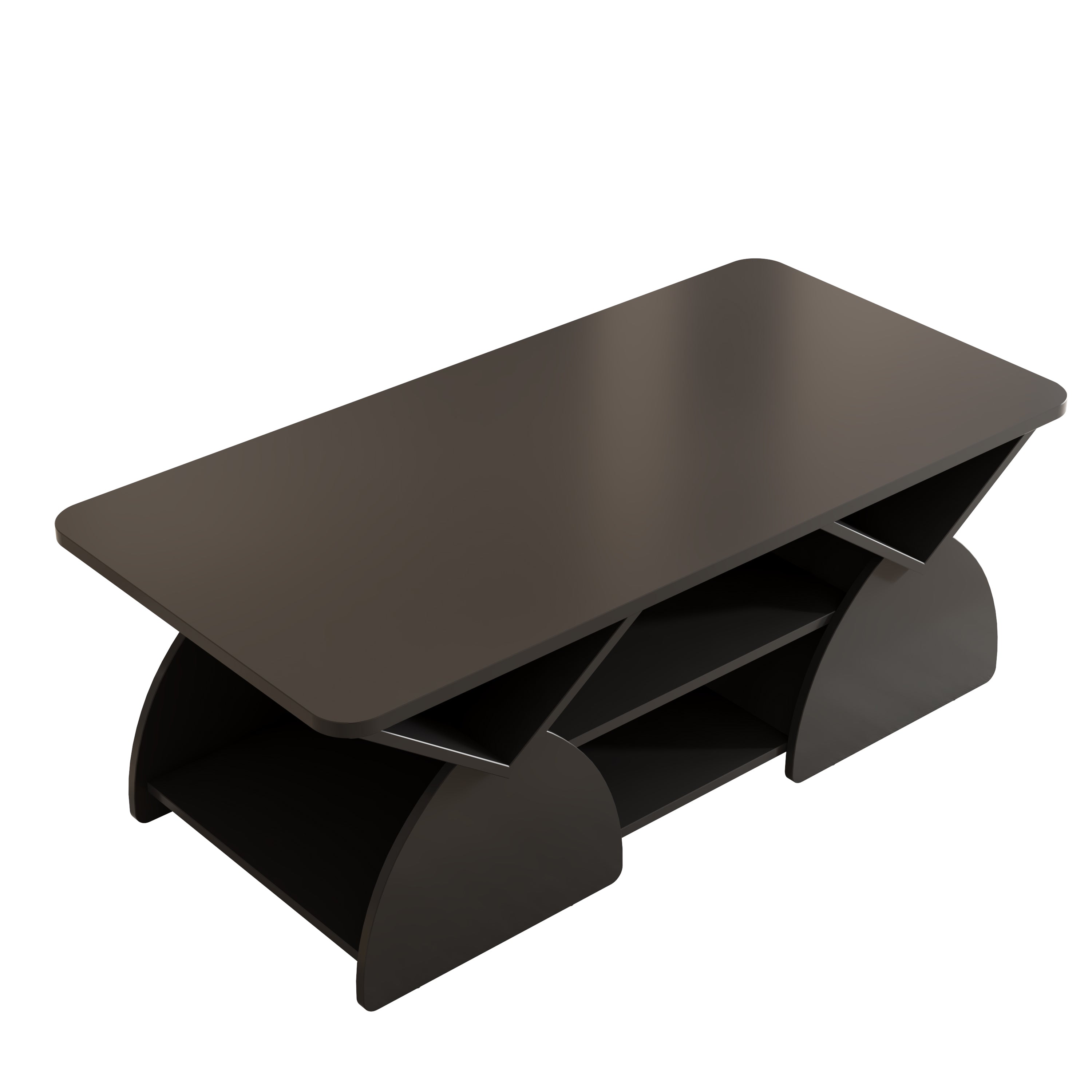 Modern engineered wood coffee table with geometric base and built-in storage, ideal for stylish living rooms or office spaces.