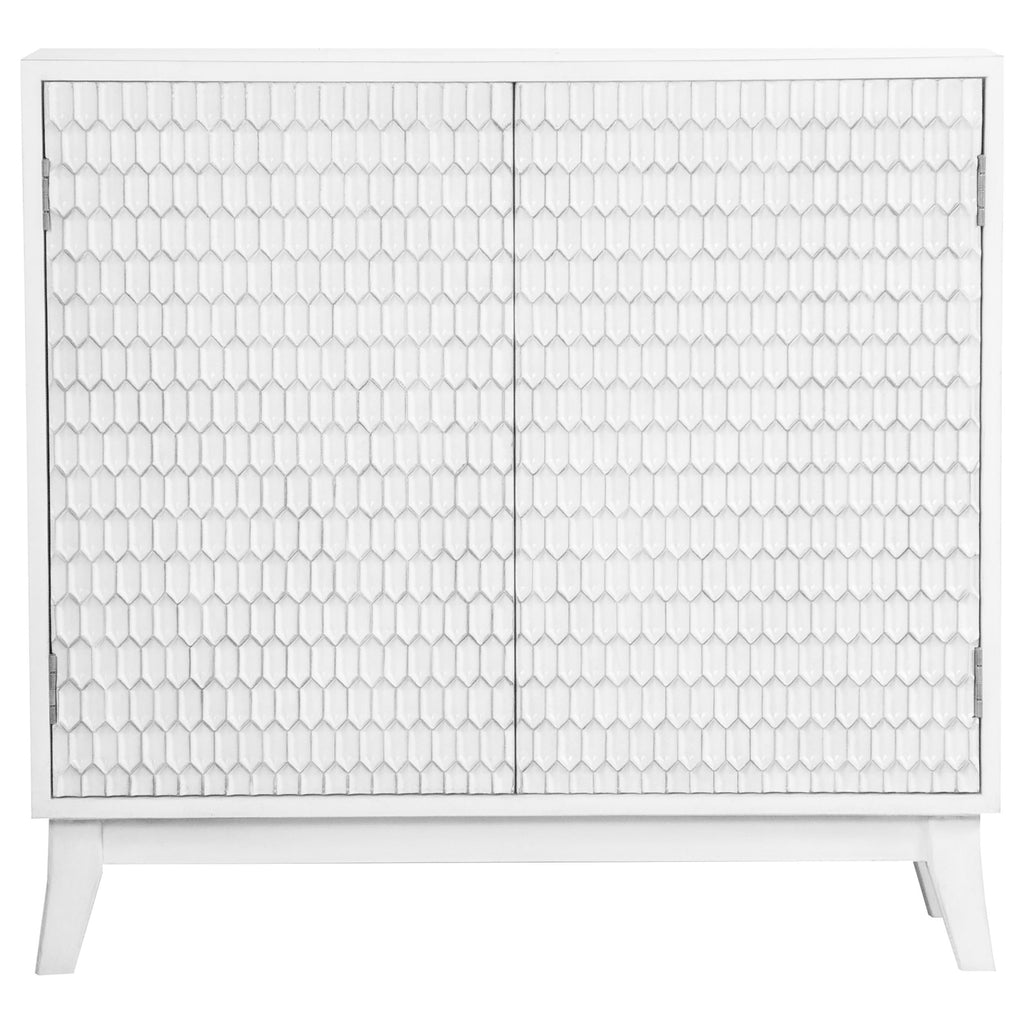 White 2-door storage cabinet with a modern textured honeycomb pattern and clean wooden frame on tapered legs.