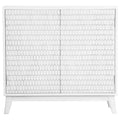 White 2-door storage cabinet with a modern textured honeycomb pattern and clean wooden frame on tapered legs.