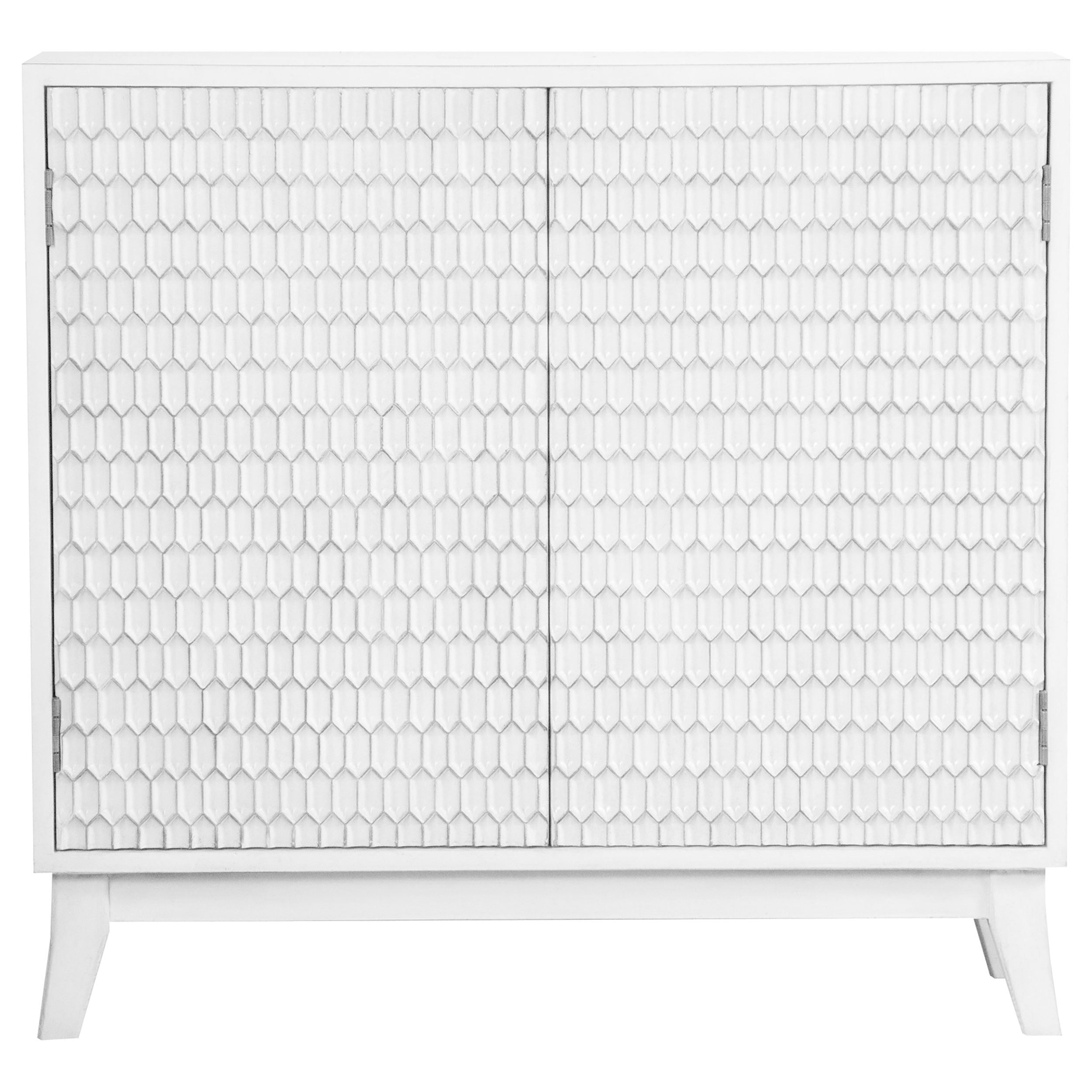 White 2-door storage cabinet with a modern textured honeycomb pattern and clean wooden frame on tapered legs.