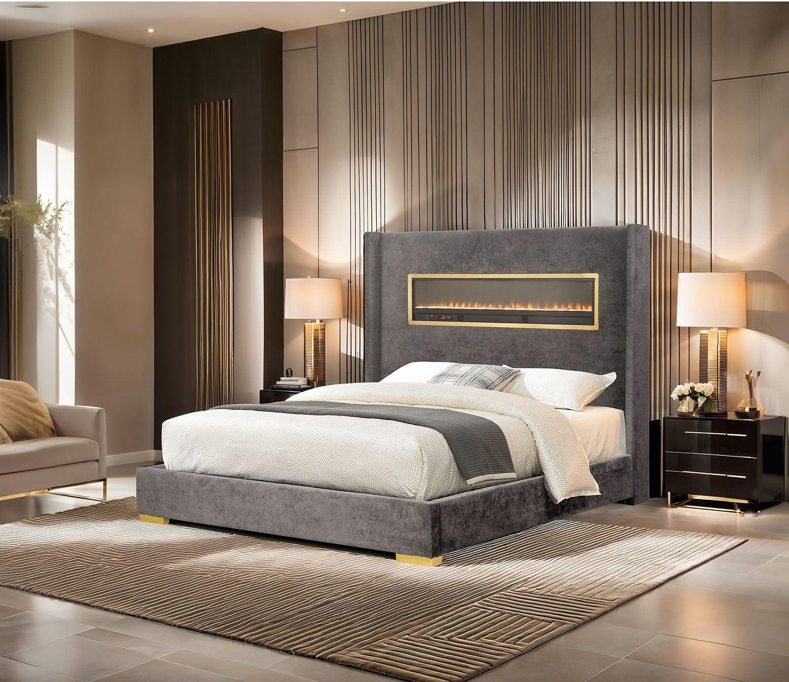 Gray Queen Size Upholstered Bed - Contemporary Style Furniture.