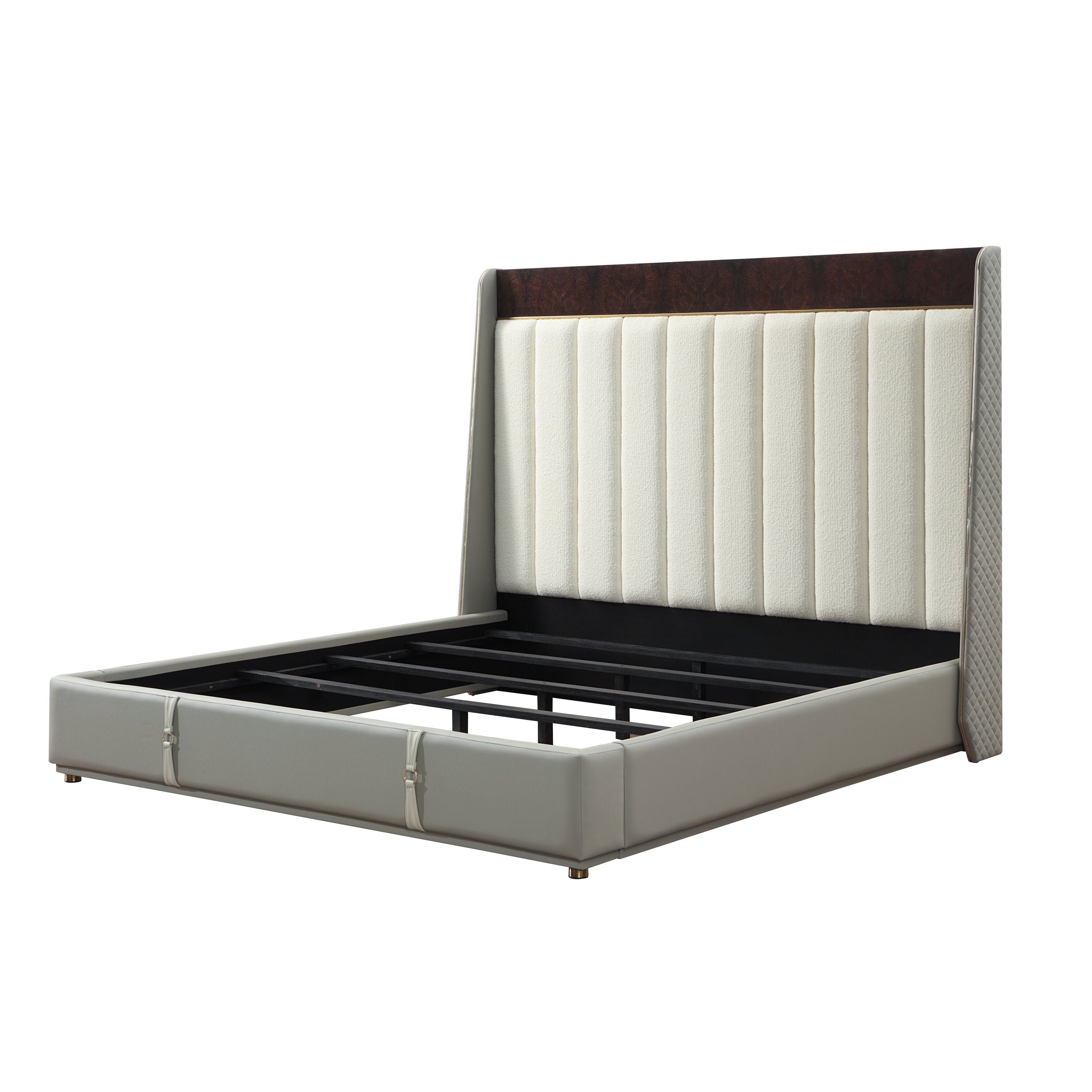 Jamonica Beige Linen Eastern King Bed with Glossy Wood Grain Headboard