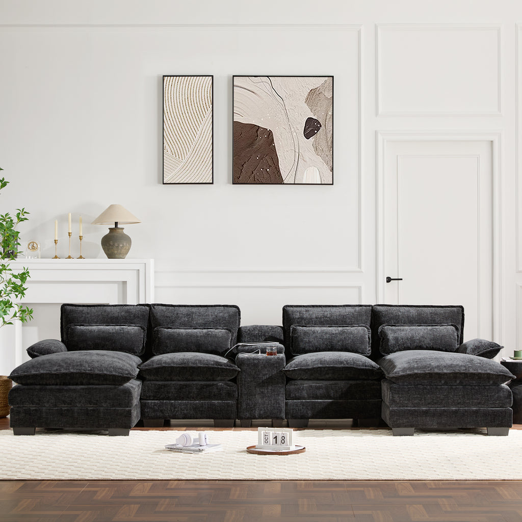 Front view of Modern U-Shaped Sectional Sofa with Console & USB, upholstered in black chenille, ideal for contemporary living rooms.