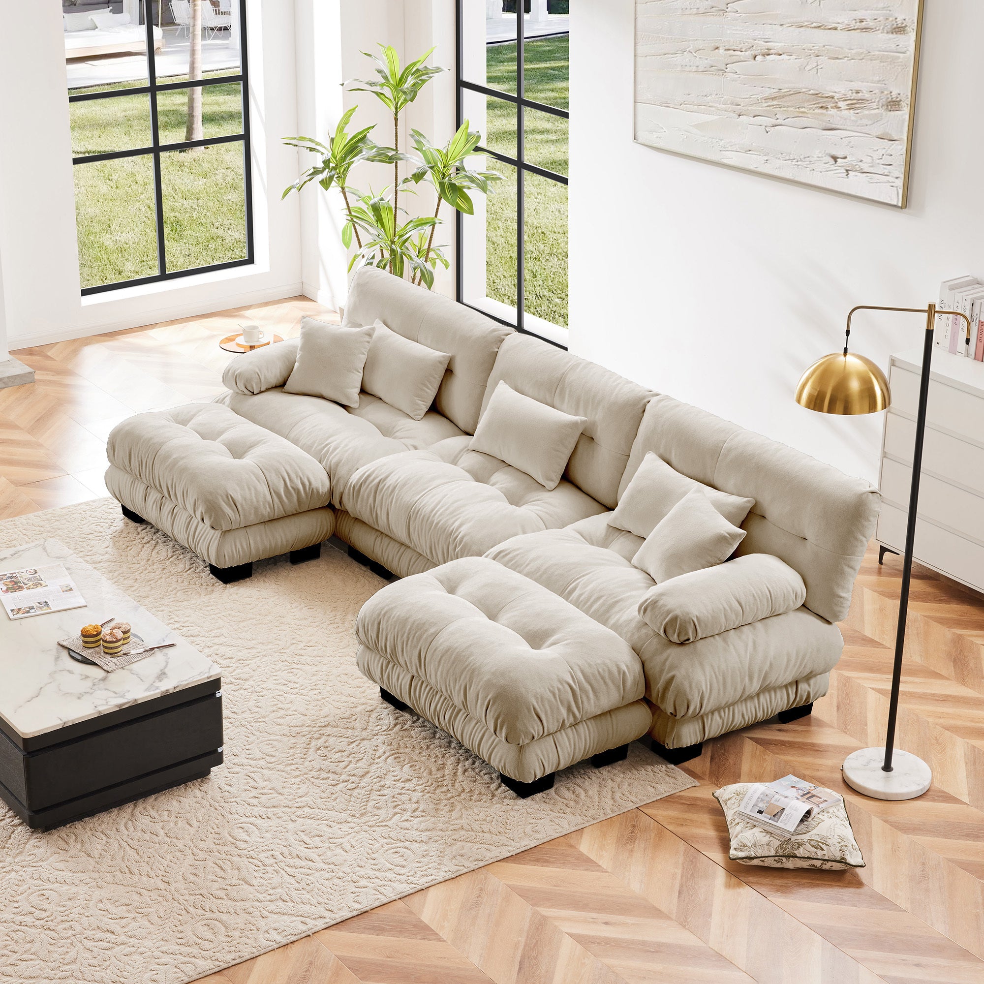 Oversized Chenille U-Shaped Modular Cloud Sofa with 2 Ottomans
