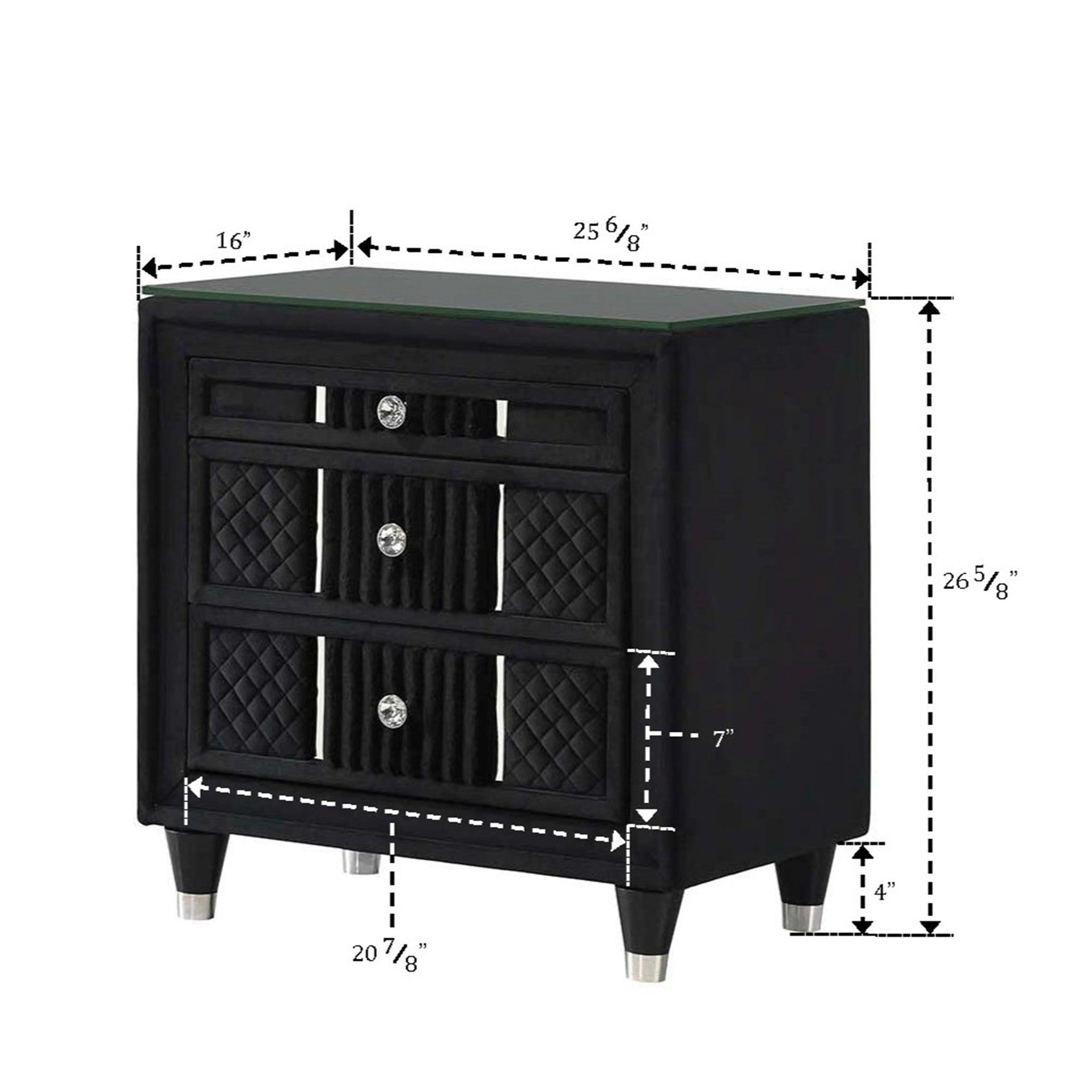 Contemporary Black Velvet Nightstand with Crystal-style Knobs.