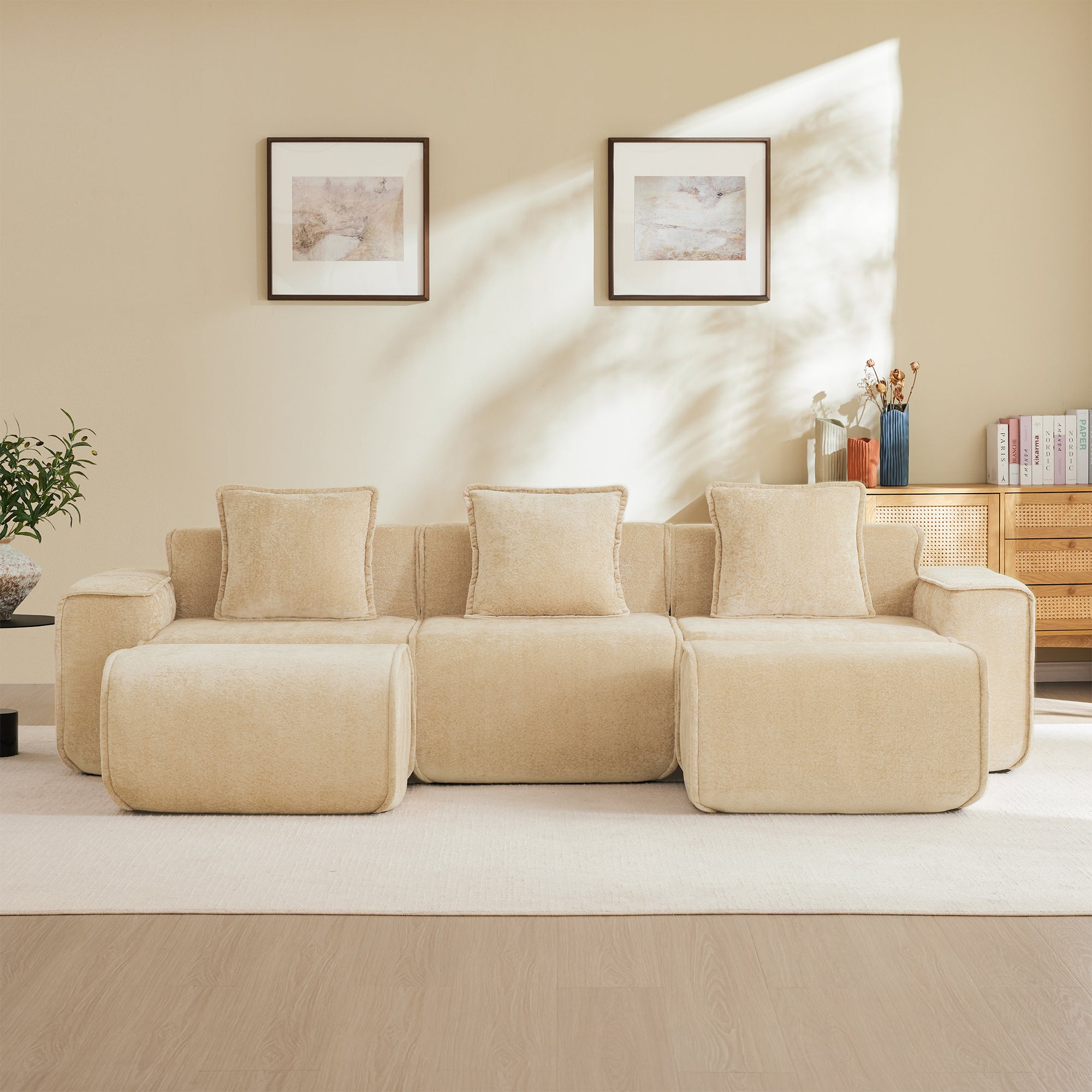 3-seat Modular Velvet Sectional Sofa with ottomans in light camel velvet. No assembly required, perfect for modern minimalist interiors.