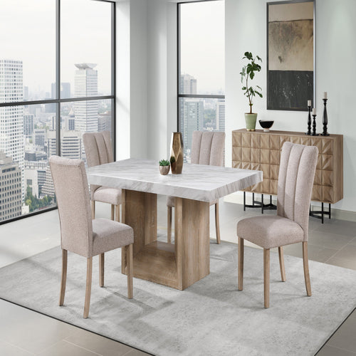 Modern dining room setup with 5PC Dining Table Set - Faux Marble - Modern Dining, showcasing a natural wood base and city view backdrop.